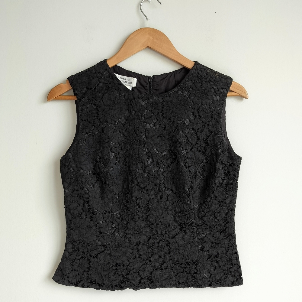 90s Vintage UK Couture Tomasz Starzewski Black Lace Cocktail Shell Top sz. 8